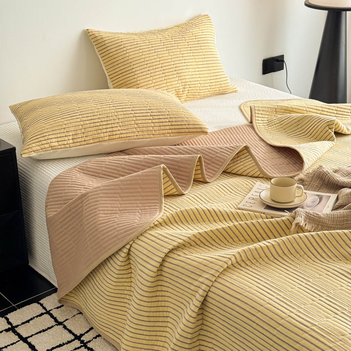91家纺网 家纺一手货源 找家纺 妮可 2026新款全棉色织水洗棉床盖四件套-伦敦生活系列 伦敦生活-黄