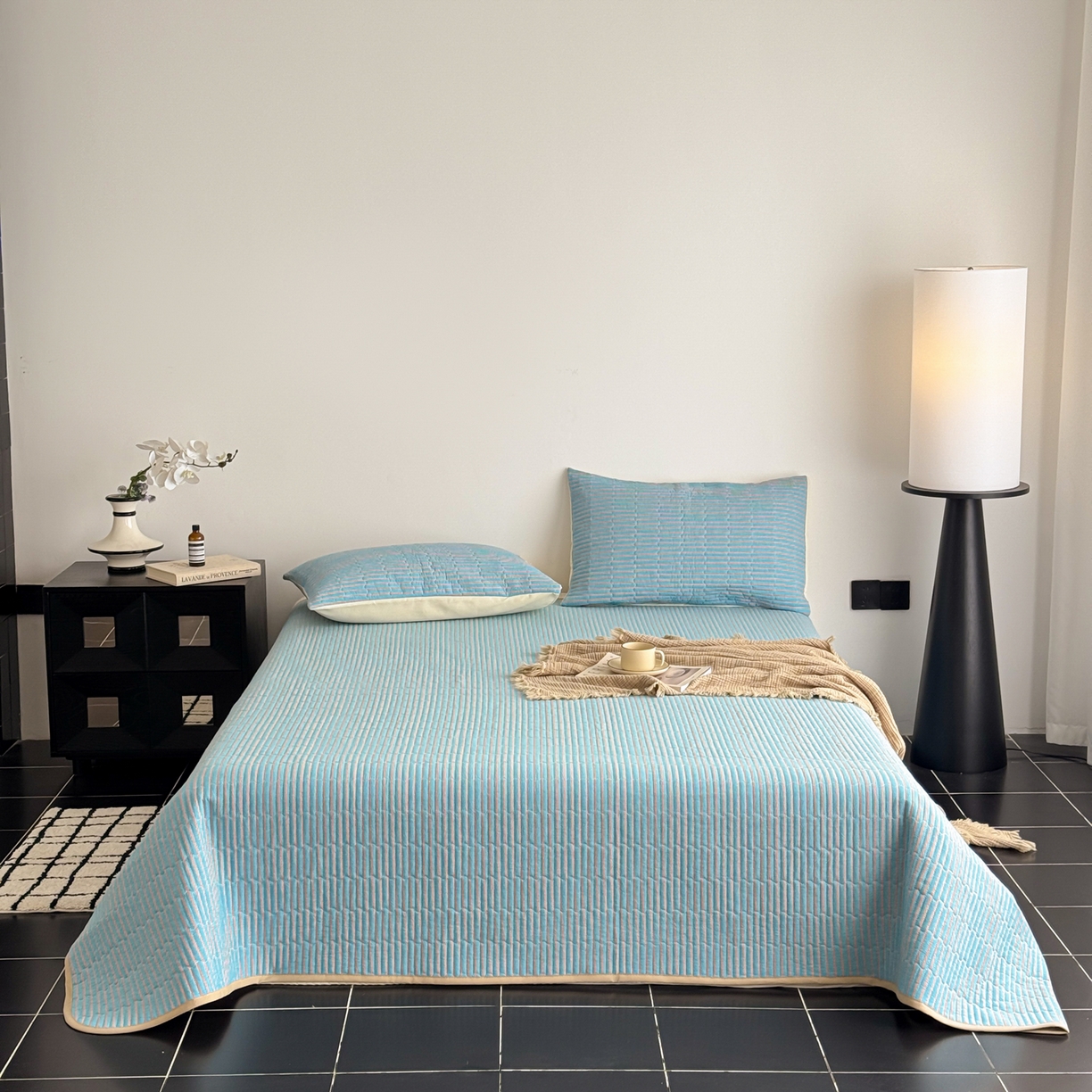 91家纺网 家纺一手货源 找家纺 妮可 2026新款全棉色织水洗棉床盖四件套-伦敦生活系列 伦敦生活-蓝卡