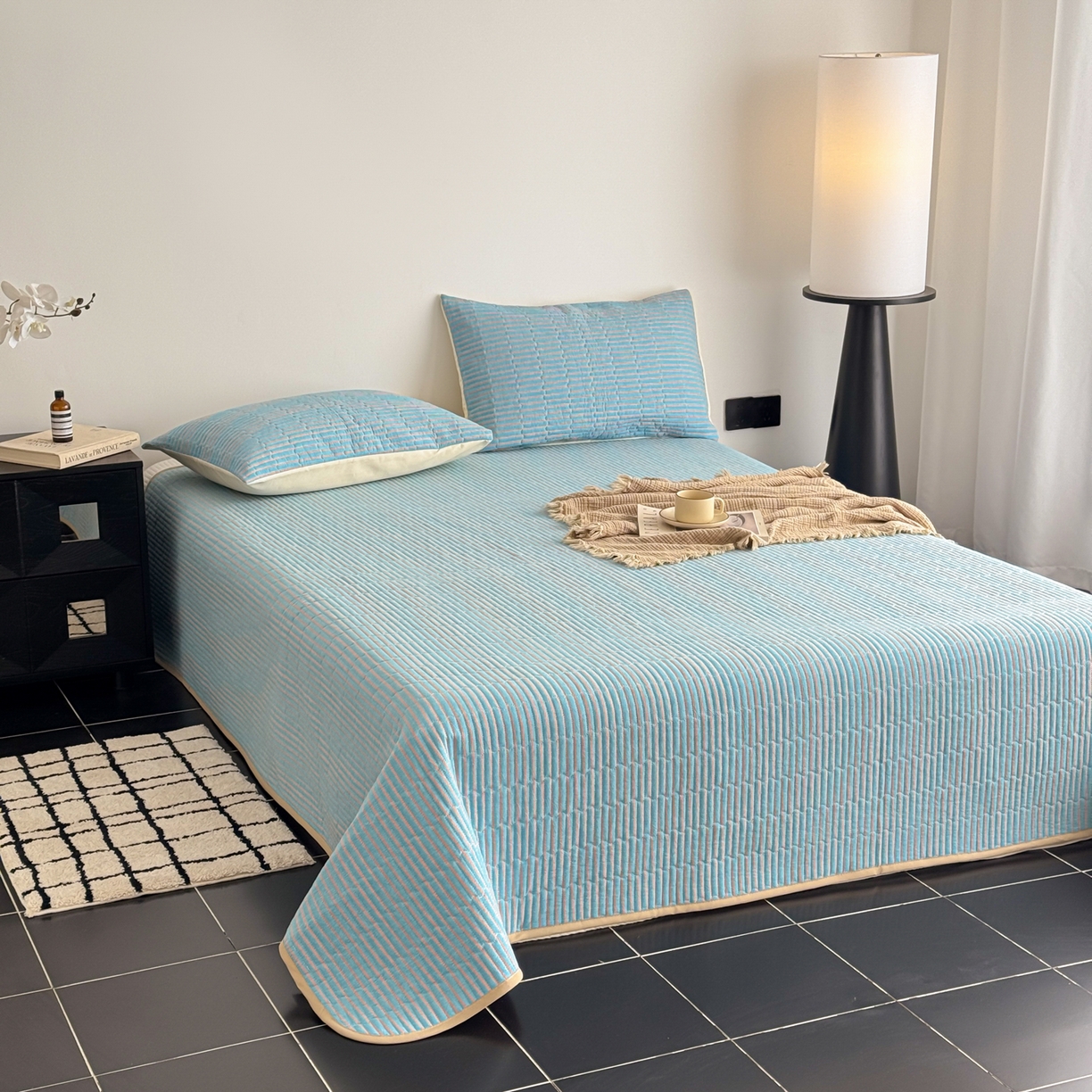 91家纺网 家纺一手货源 找家纺 妮可 2026新款全棉色织水洗棉床盖四件套-伦敦生活系列 伦敦生活-蓝卡