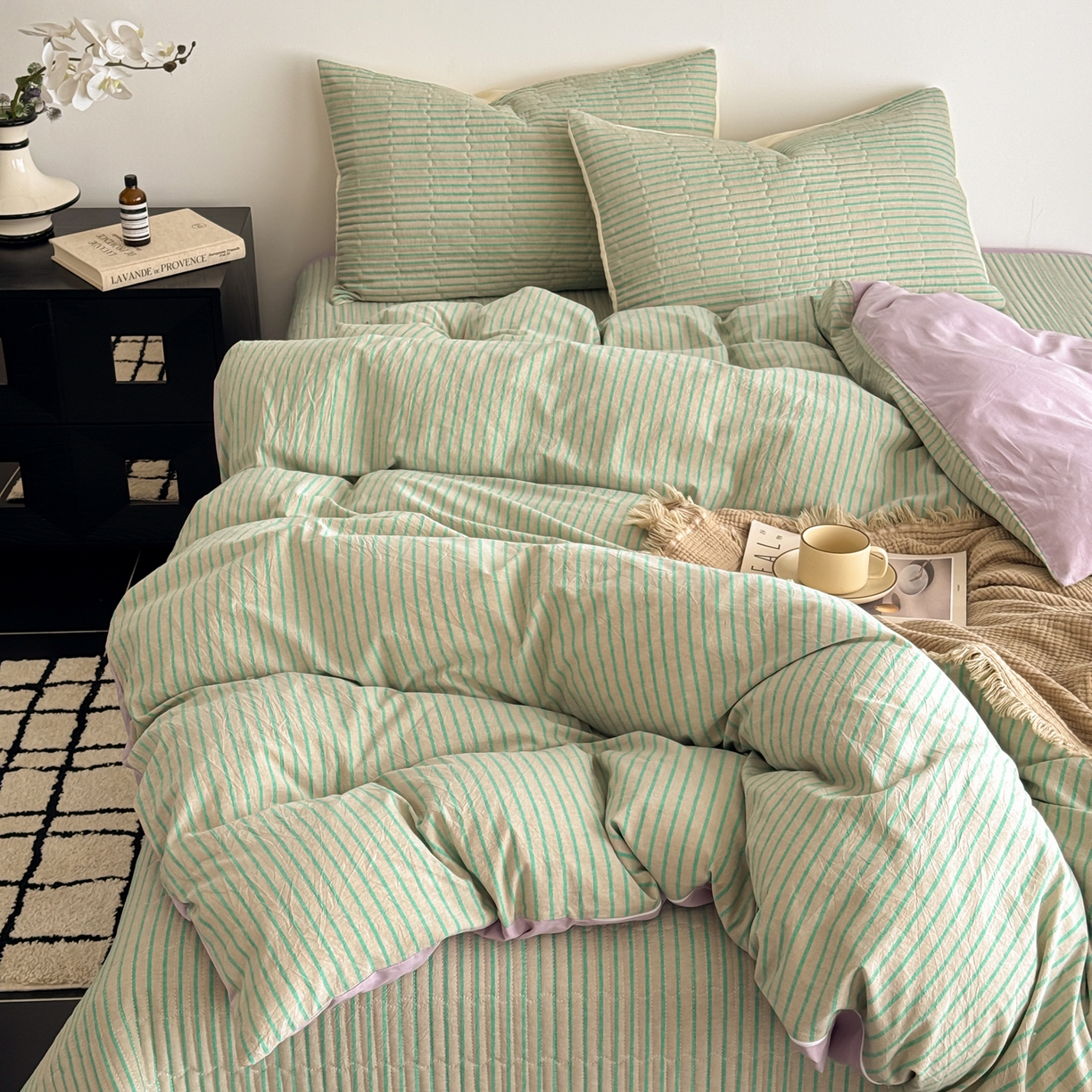 妮可 2026新款全棉色织水洗棉床盖四件套-伦敦生活系列 伦敦生活-绿紫