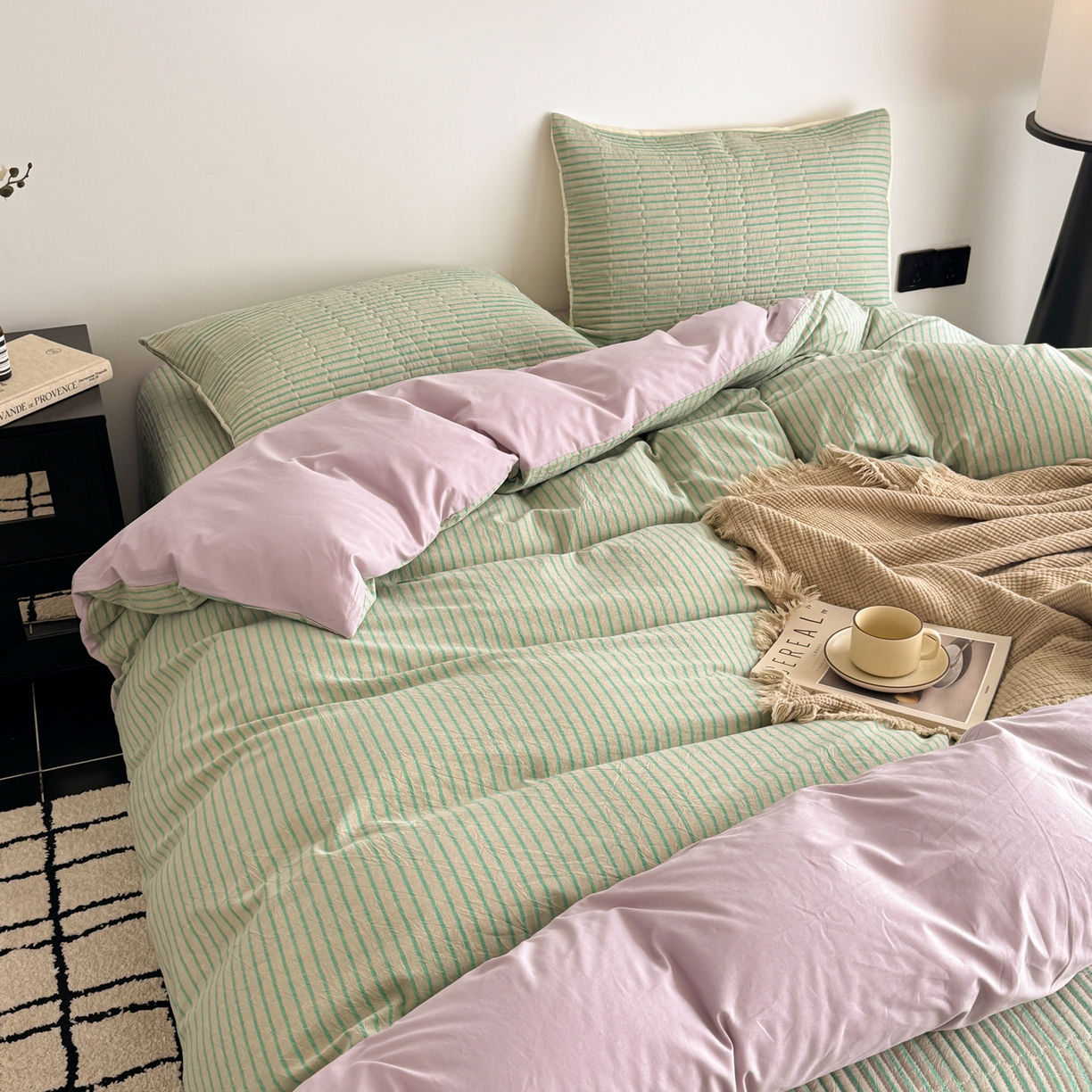 91家纺网 家纺一手货源 找家纺 妮可 2026新款全棉色织水洗棉床盖四件套-伦敦生活系列 伦敦生活-绿紫
