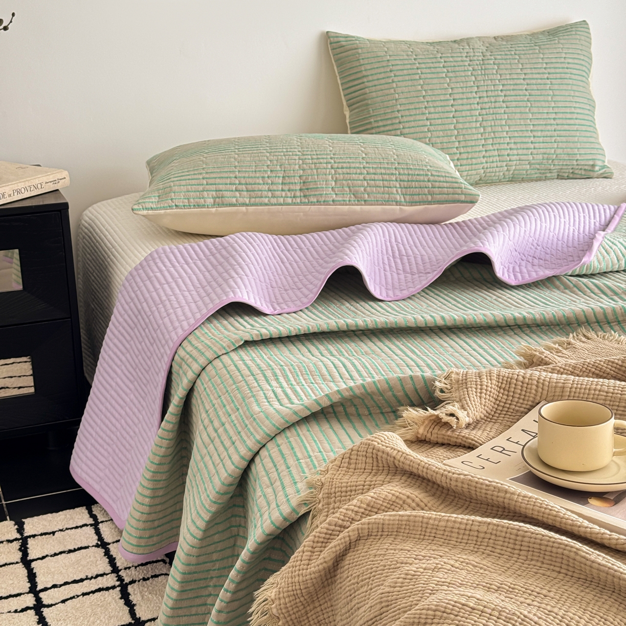 91家纺网 家纺一手货源 找家纺 妮可 2026新款全棉色织水洗棉床盖四件套-伦敦生活系列 伦敦生活-绿紫