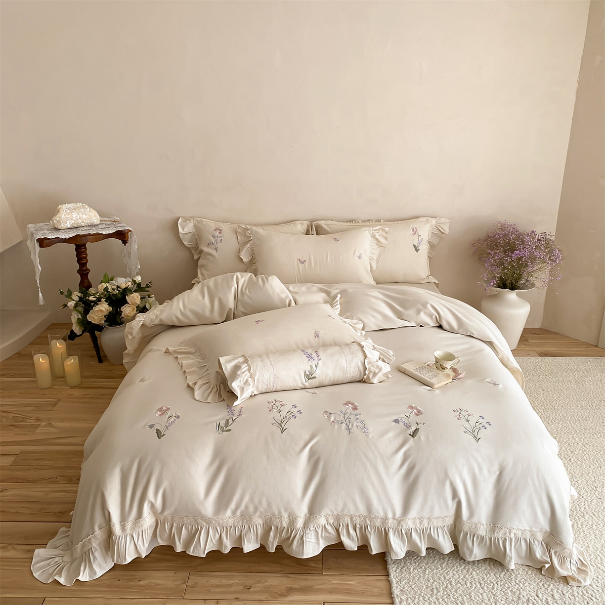 91家纺网 家纺一手货源 找家纺 （总）树下 2026新款高支高密缎纹棉麻四件套法式刺绣蕾丝花边高密度四件套-蝶野