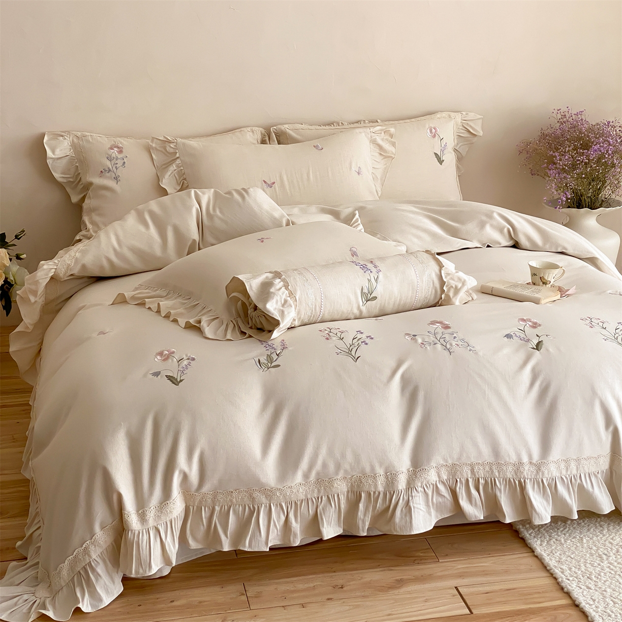 91家纺网 家纺一手货源 找家纺 （总）树下 2026新款高支高密缎纹棉麻四件套法式刺绣蕾丝花边高密度四件套-蝶野