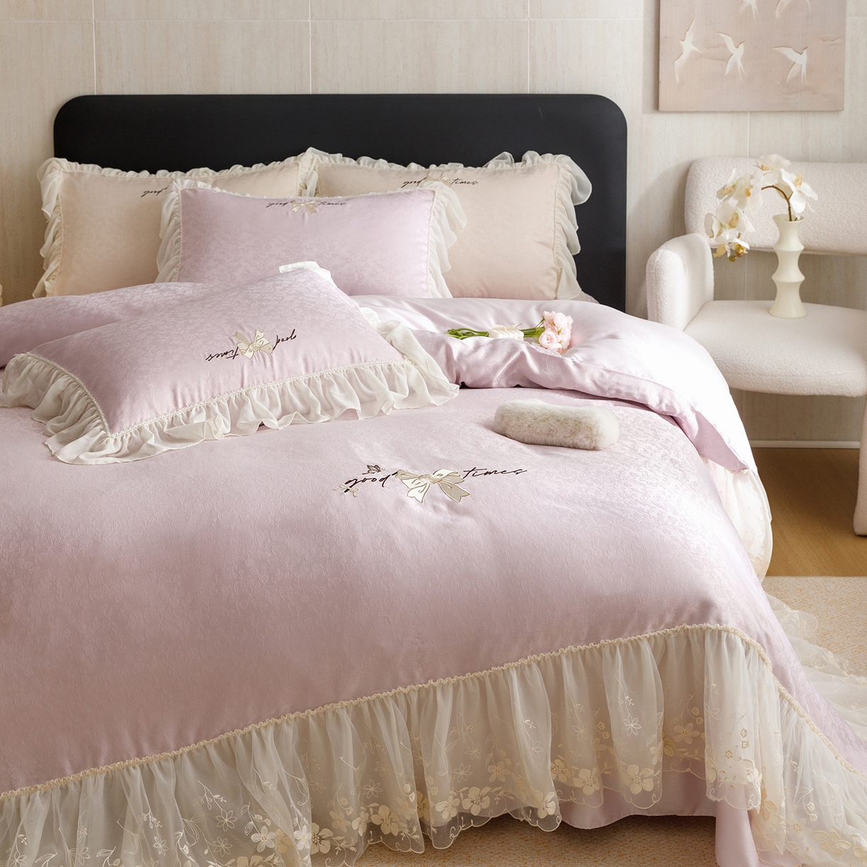 91家纺网 家纺一手货源 找家纺 优贝家纺 2026新款提花冰丝刺绣床盖四件套 蝴蝶结-雅紫