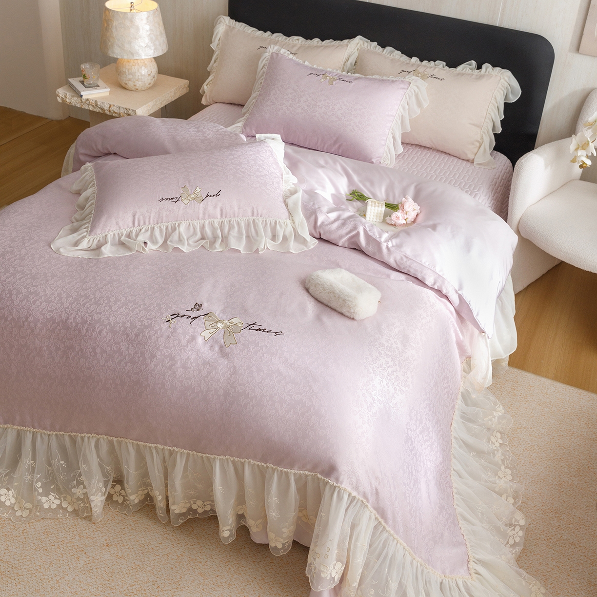 优贝家纺 2026新款提花冰丝刺绣床盖四件套 蝴蝶结-雅紫