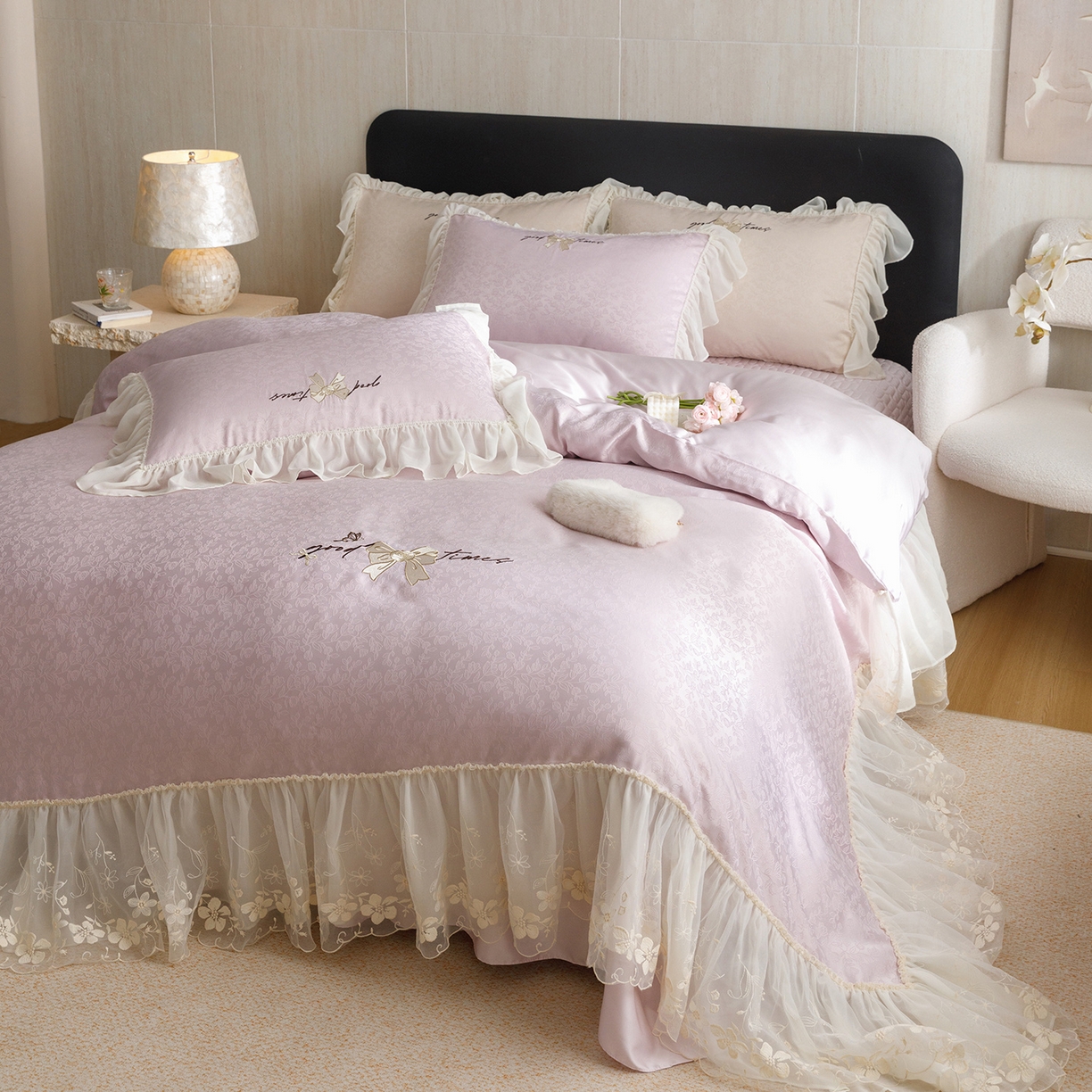 91家纺网 家纺一手货源 找家纺 优贝家纺 2026新款提花冰丝刺绣床盖四件套 蝴蝶结-雅紫