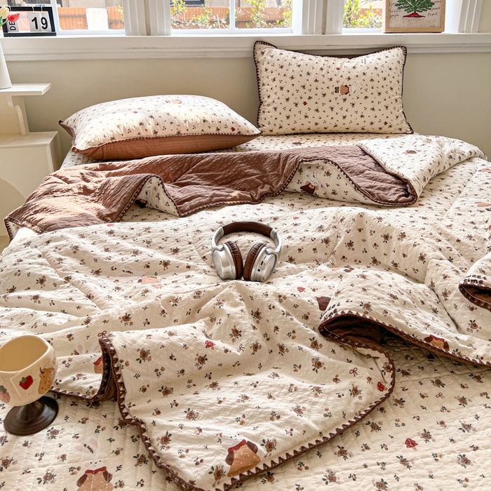 91家纺网 家纺一手货源 找家纺 欧尚 2026新款泡芙纱三角针床盖夏被四件套 田园兔