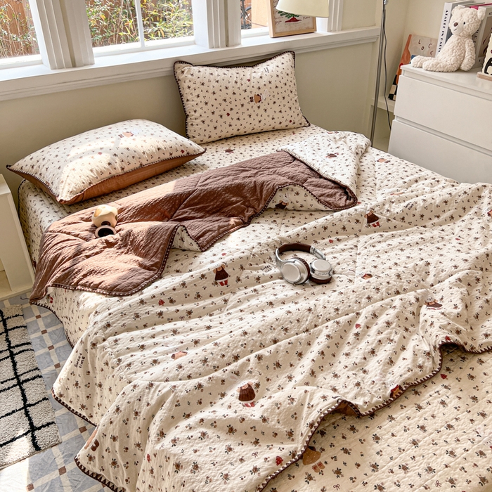 91家纺网 家纺一手货源 找家纺 欧尚 2026新款泡芙纱三角针床盖夏被四件套 田园兔