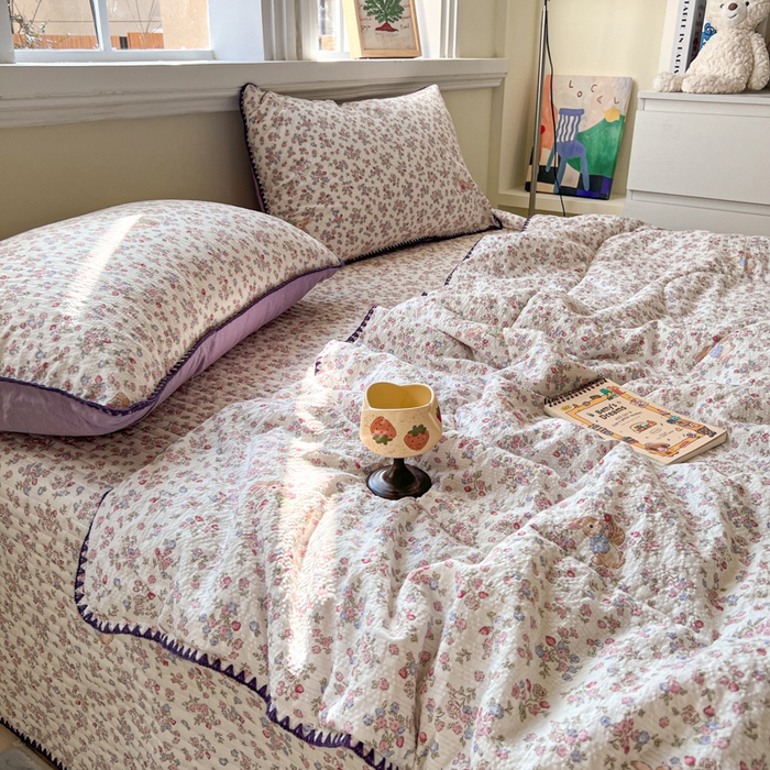 91家纺网 家纺一手货源 找家纺 欧尚 2026新款泡芙纱三角针床盖夏被四件套 紫陌