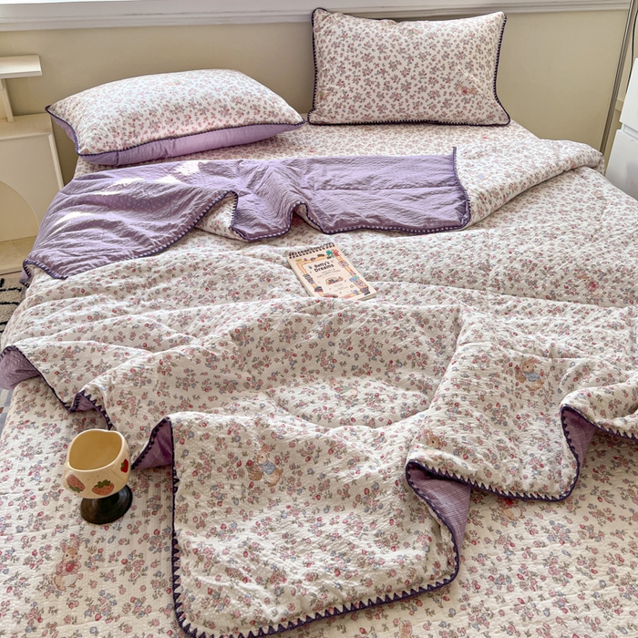 91家纺网 家纺一手货源 找家纺 欧尚 2026新款泡芙纱三角针床盖夏被四件套 紫陌