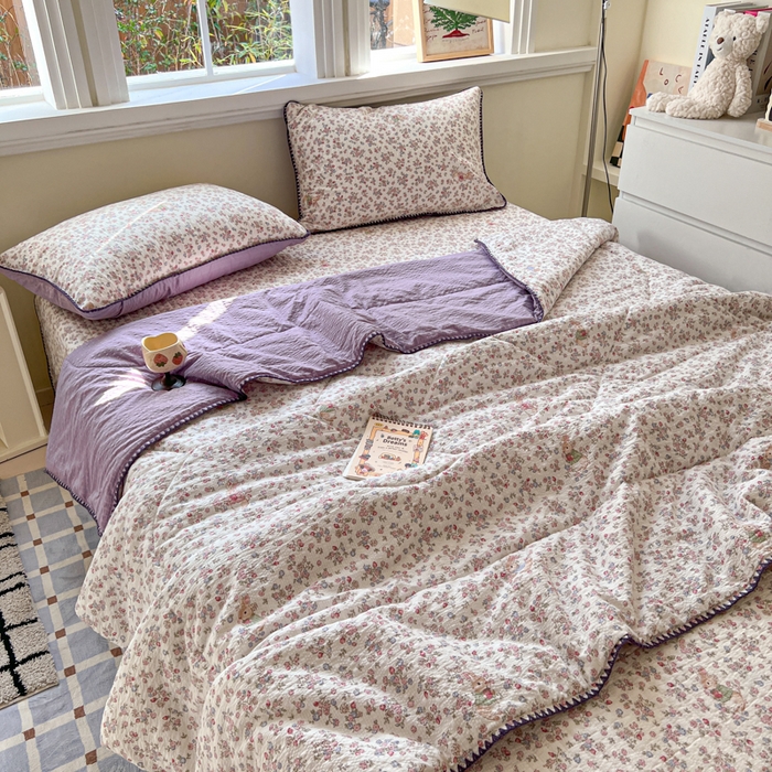 91家纺网 家纺一手货源 找家纺 欧尚 2026新款泡芙纱三角针床盖夏被四件套 紫陌