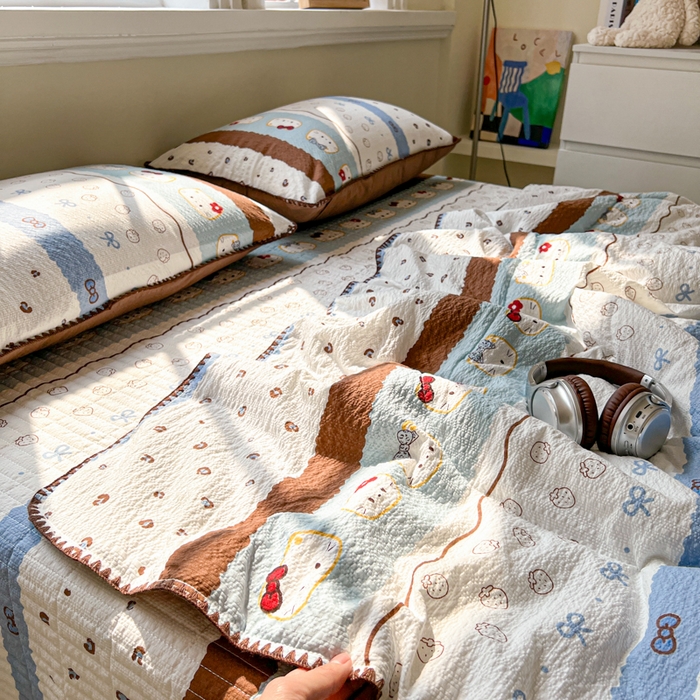 91家纺网 家纺一手货源 找家纺 欧尚 2026新款泡芙纱三角针床盖夏被四件套 KT 猫