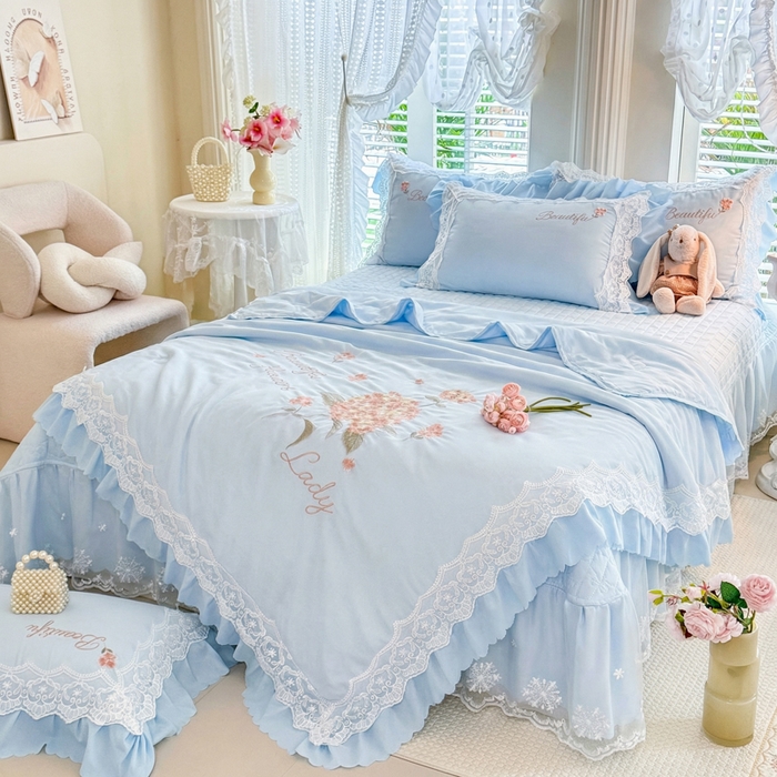 91家纺网 家纺一手货源 找家纺 苏米娜家纺SUMINA 2026韩版亲肤水洗棉公主风夏被床盖款-花涧绣梦 花涧绣梦-梦幻蓝