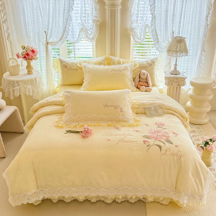 91家纺网 家纺一手货源 找家纺 苏米娜家纺SUMINA 2026韩版亲肤水洗棉公主风夏被床盖款-花涧绣梦 花涧绣梦-柠檬黄