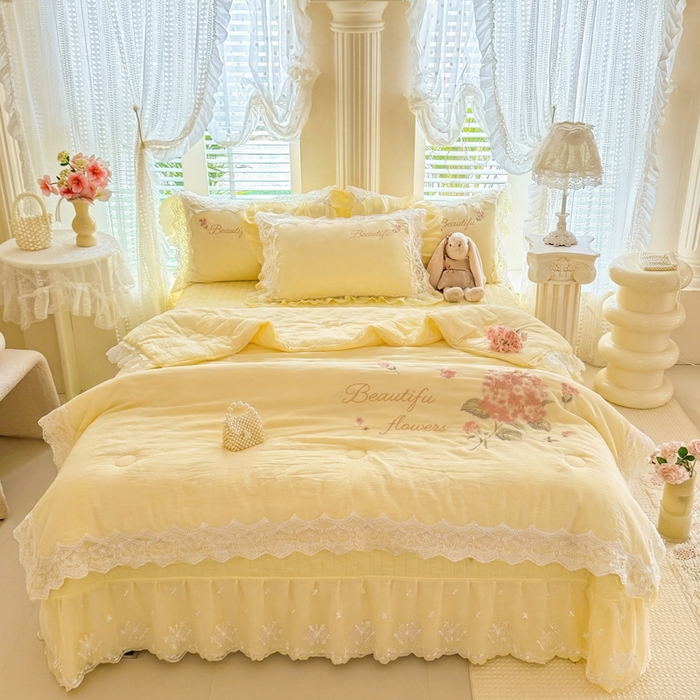 91家纺网 家纺一手货源 找家纺 苏米娜家纺SUMINA 2026韩版亲肤水洗棉公主风夏被床盖款-花涧绣梦 花涧绣梦-柠檬黄