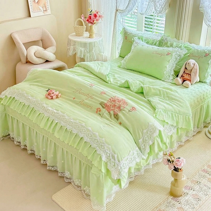 91家纺网 家纺一手货源 找家纺 苏米娜家纺SUMINA 2026韩版亲肤水洗棉公主风夏被床盖款-花涧绣梦 花涧绣梦-清新绿