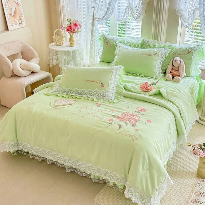 91家纺网 家纺一手货源 找家纺 苏米娜家纺SUMINA 2026韩版亲肤水洗棉公主风夏被床盖款-花涧绣梦 花涧绣梦-清新绿