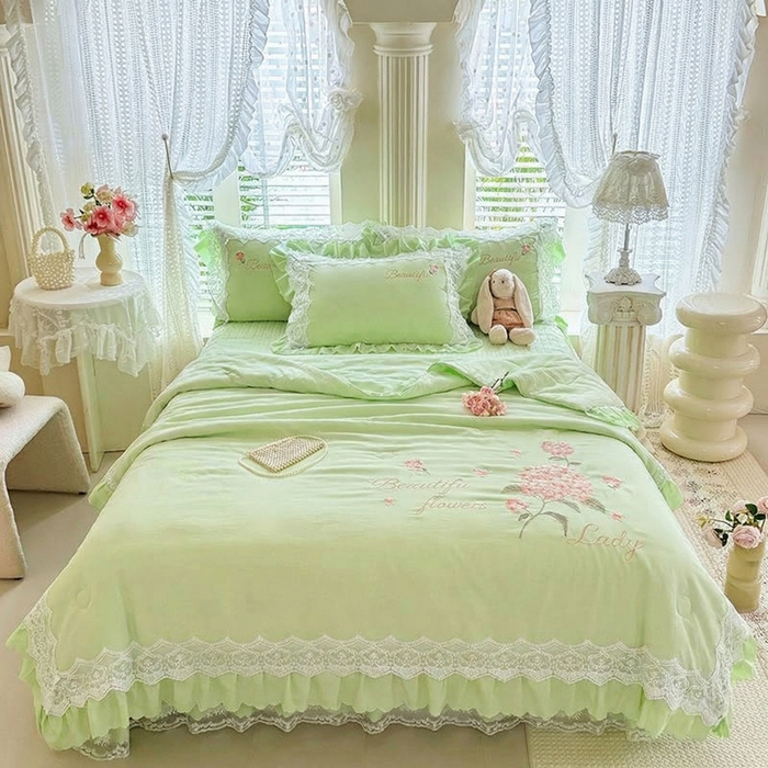 91家纺网 家纺一手货源 找家纺 苏米娜家纺SUMINA 2026韩版亲肤水洗棉公主风夏被床盖款-花涧绣梦 花涧绣梦-清新绿