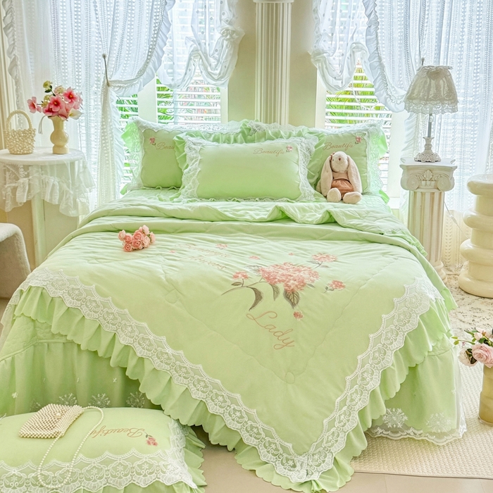 苏米娜家纺SUMINA 2026韩版亲肤水洗棉公主风夏被床盖款-花涧绣梦 花涧绣梦-清新绿