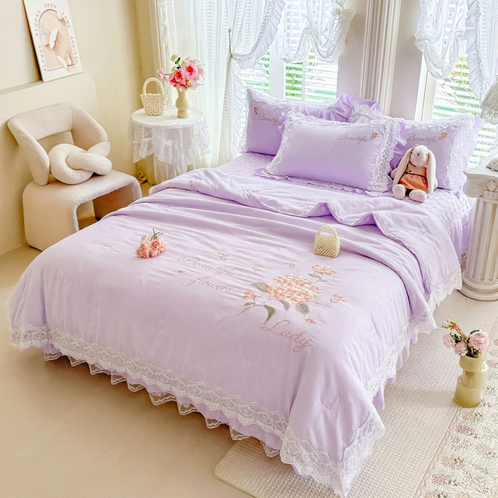 91家纺网 家纺一手货源 找家纺 苏米娜家纺SUMINA 2026韩版亲肤水洗棉公主风夏被床盖款-花涧绣梦 花涧绣梦-优雅紫