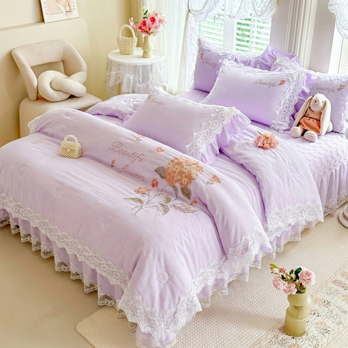 91家纺网 家纺一手货源 找家纺 苏米娜家纺SUMINA 2026韩版亲肤水洗棉公主风夏被床盖款-花涧绣梦 花涧绣梦-优雅紫
