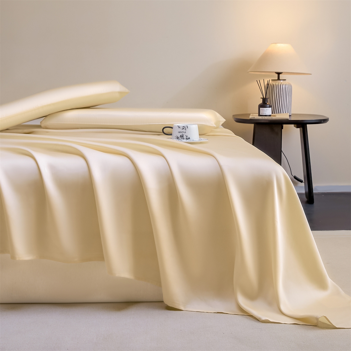 91家纺网 家纺一手货源 找家纺 DC 2026新款莱赛尔天丝纯色单品床单 杏白