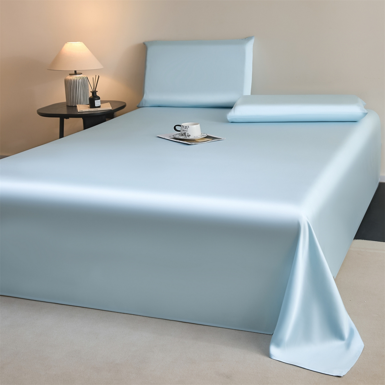 91家纺网 家纺一手货源 找家纺 DC 2026新款莱赛尔天丝纯色单品床单 淡海蓝