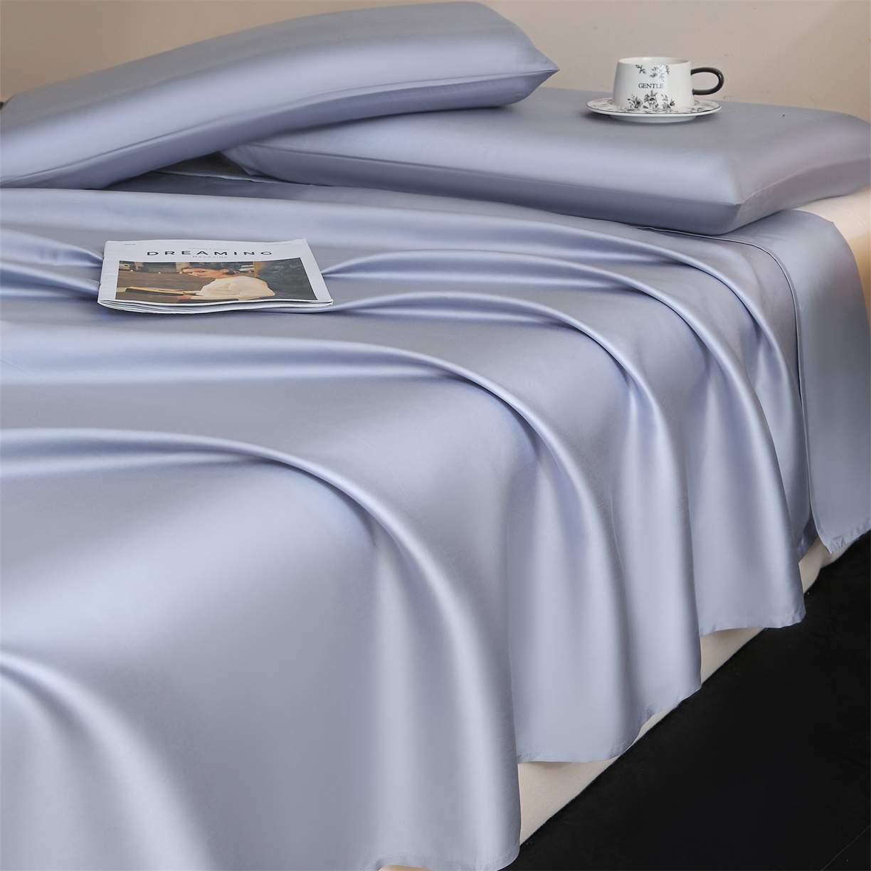 91家纺网 家纺一手货源 找家纺 DC 2026新款莱赛尔天丝纯色单品床单 极光蓝