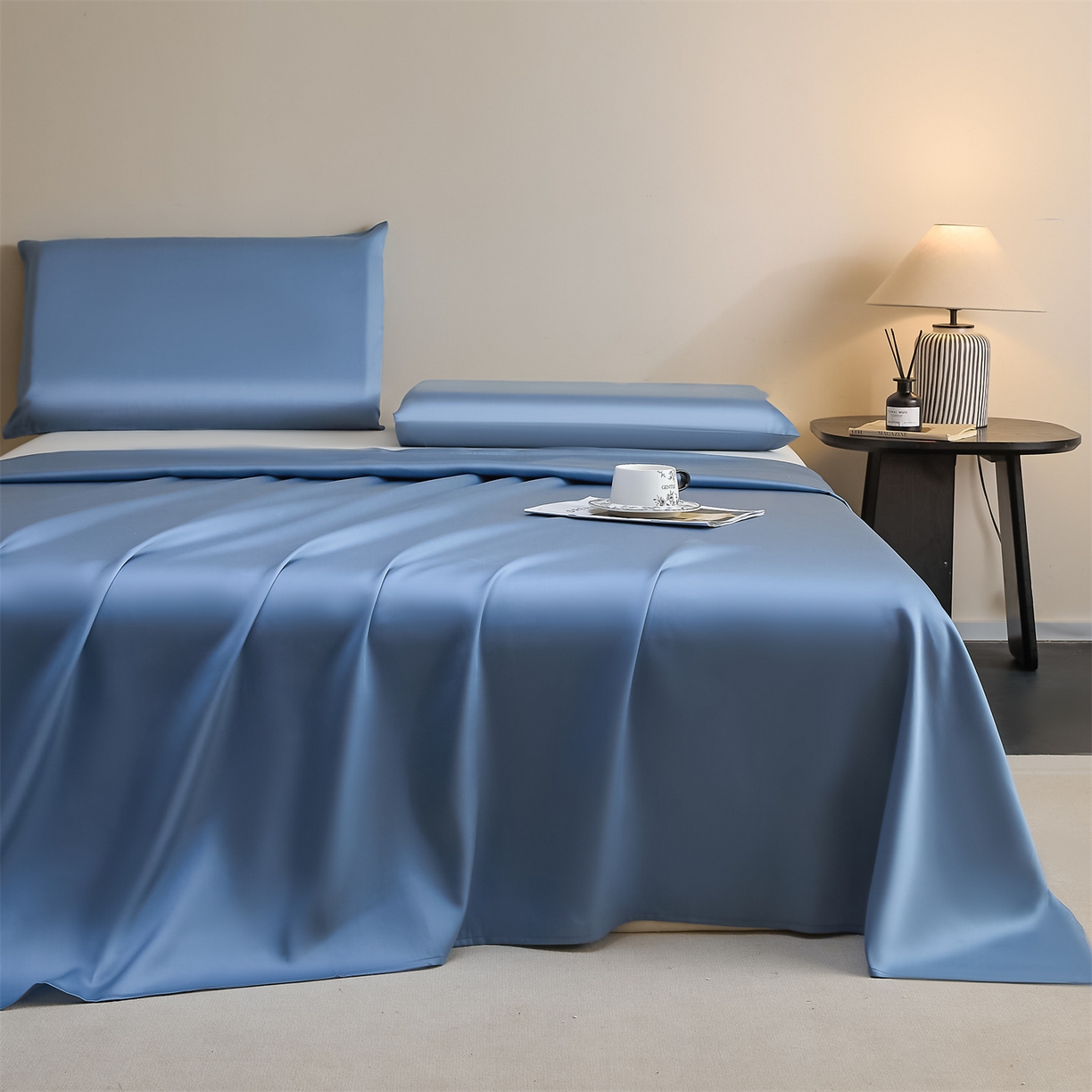 91家纺网 家纺一手货源 找家纺 DC 2026新款莱赛尔天丝纯色单品床单 梵高蓝