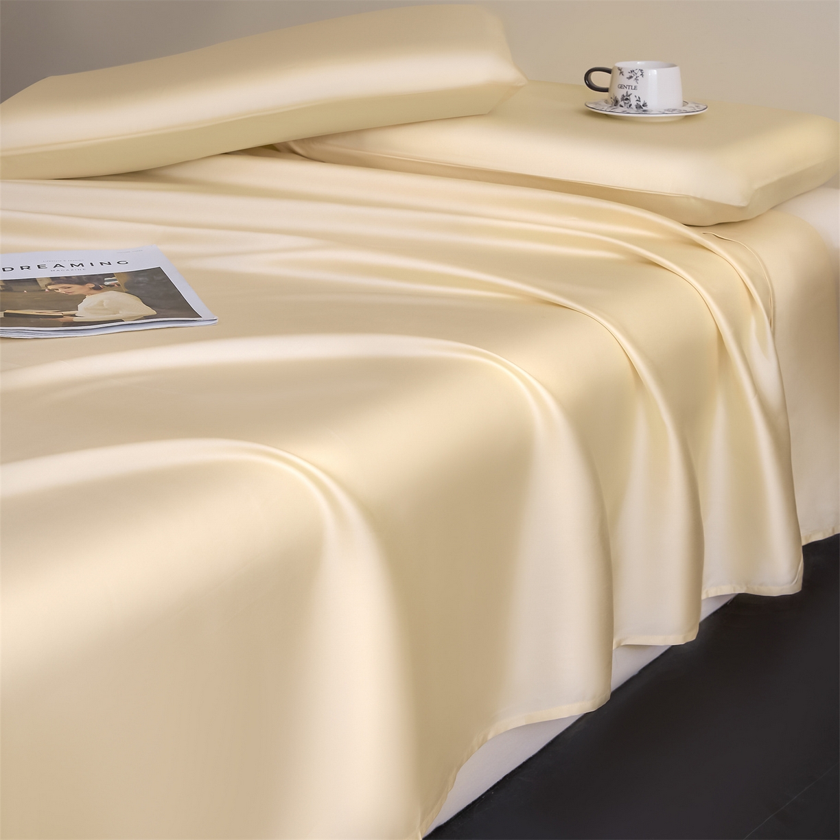 91家纺网 家纺一手货源 找家纺 DC 2026新款莱赛尔天丝纯色单品床单 杏白