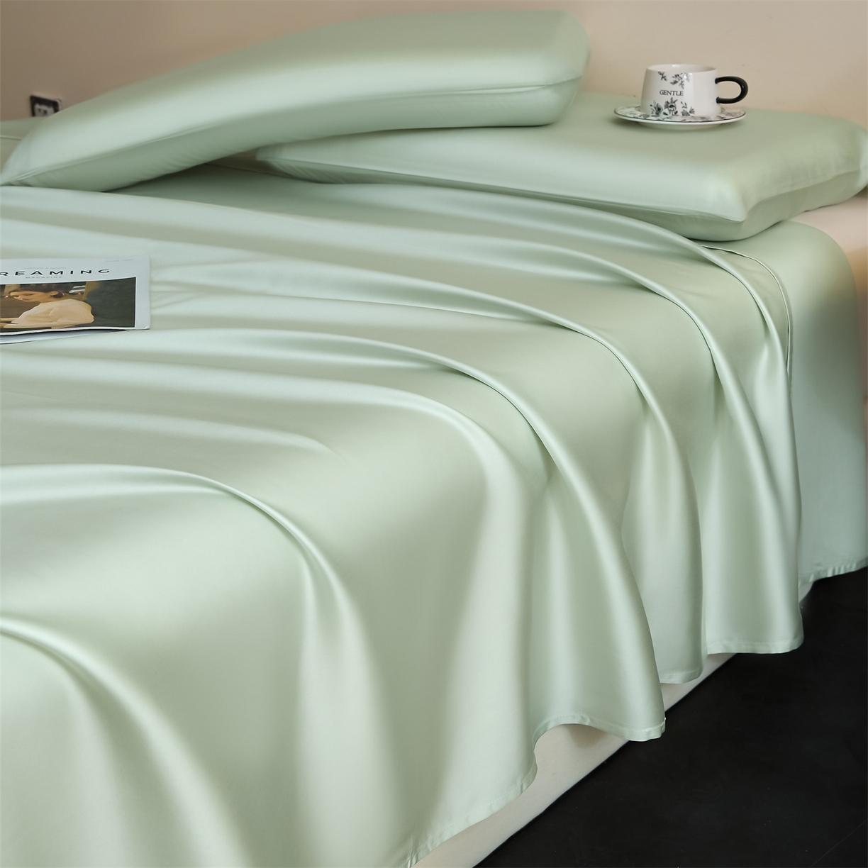 91家纺网 家纺一手货源 找家纺 DC 2026新款莱赛尔天丝纯色单品床单 亚丁绿