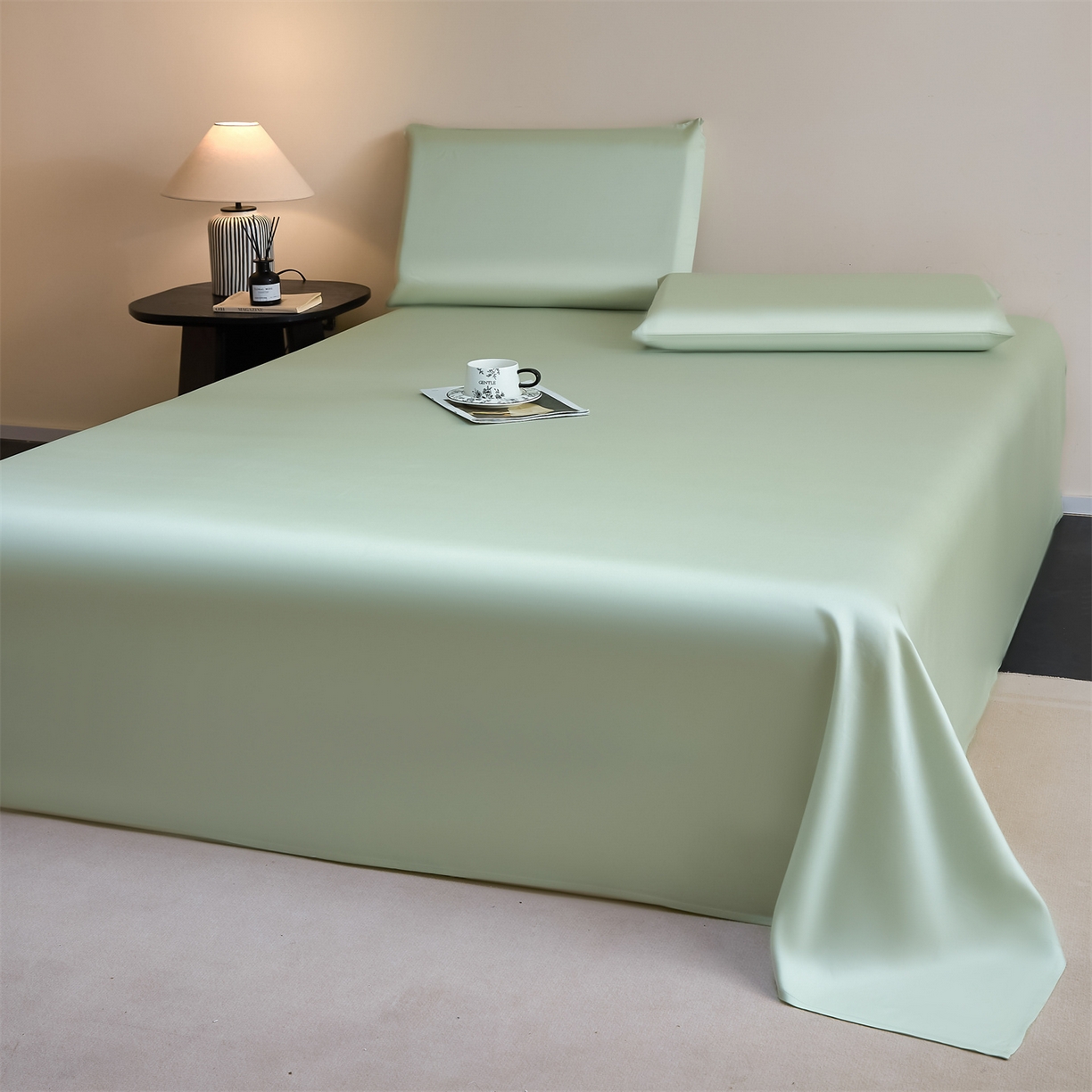 91家纺网 家纺一手货源 找家纺 DC 2026新款莱赛尔天丝纯色单品床单 亚丁绿