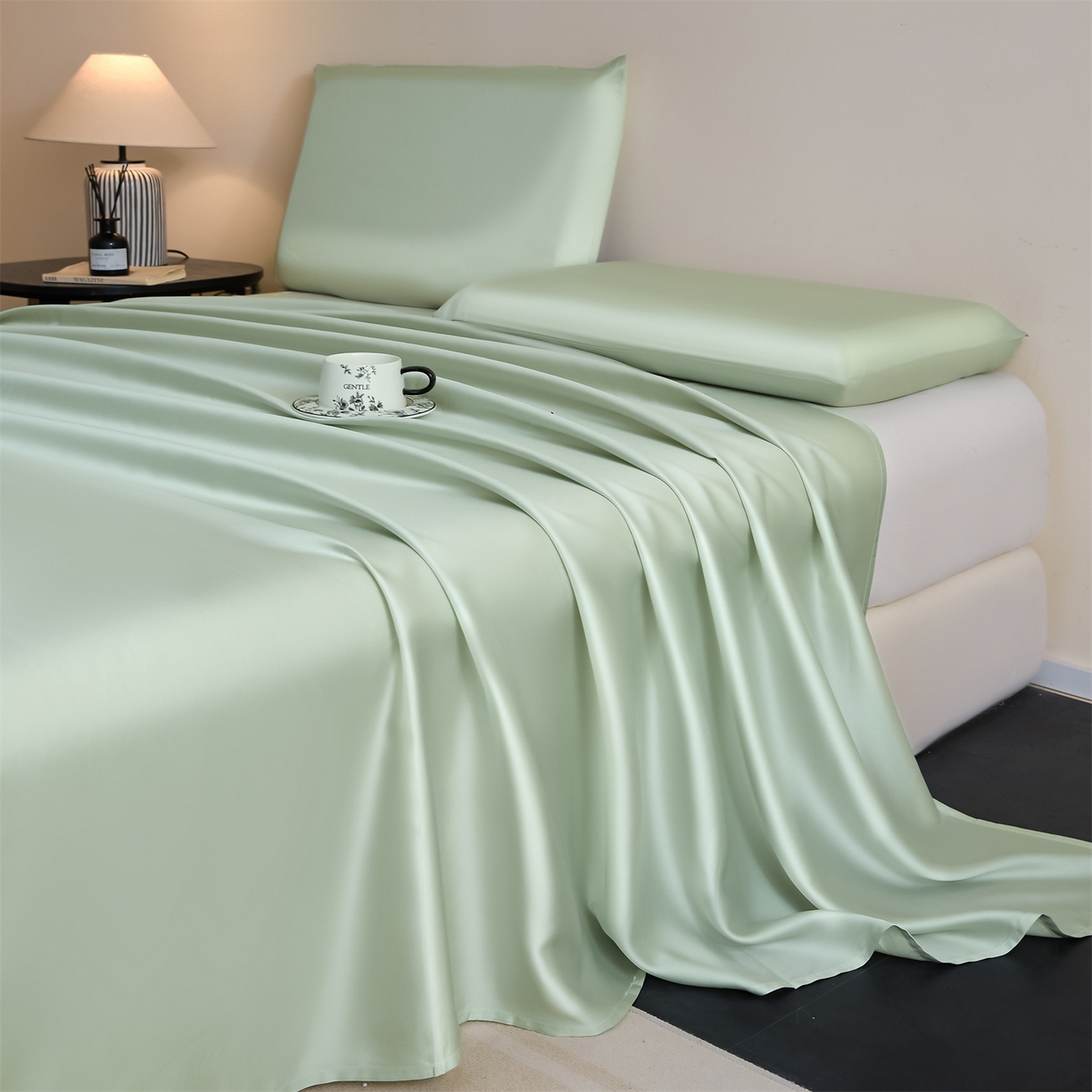 91家纺网 家纺一手货源 找家纺 DC 2026新款莱赛尔天丝纯色单品床单 亚丁绿