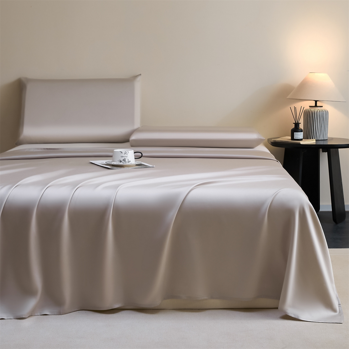 91家纺网 家纺一手货源 找家纺 DC 2026新款莱赛尔天丝纯色单品床单 流沙灰