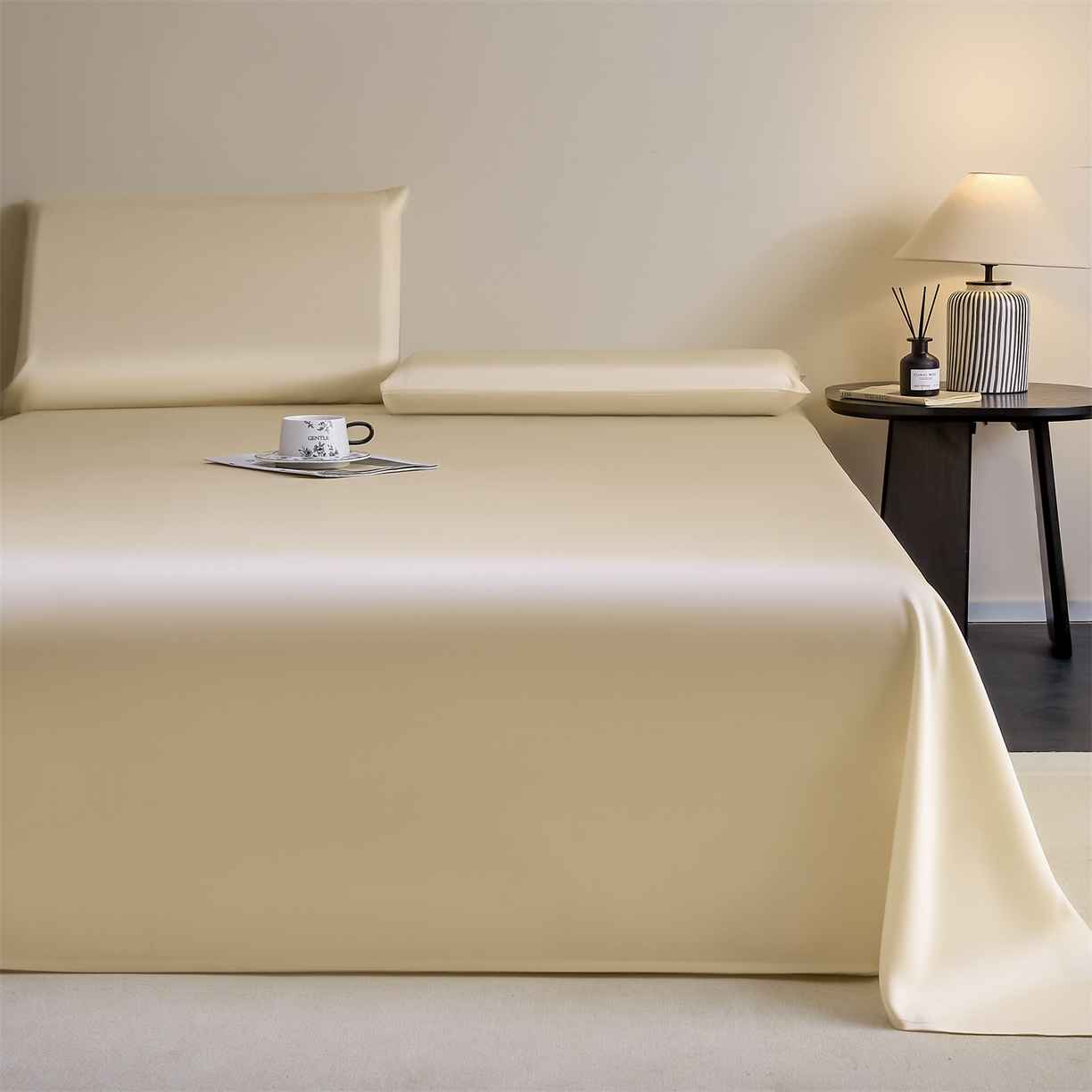 91家纺网 家纺一手货源 找家纺 DC 2026新款莱赛尔天丝纯色单品床单 杏白