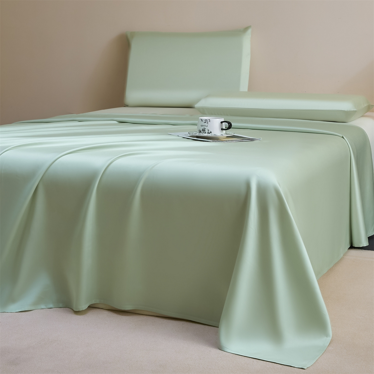 91家纺网 家纺一手货源 找家纺 DC 2026新款莱赛尔天丝纯色单品床单 亚丁绿