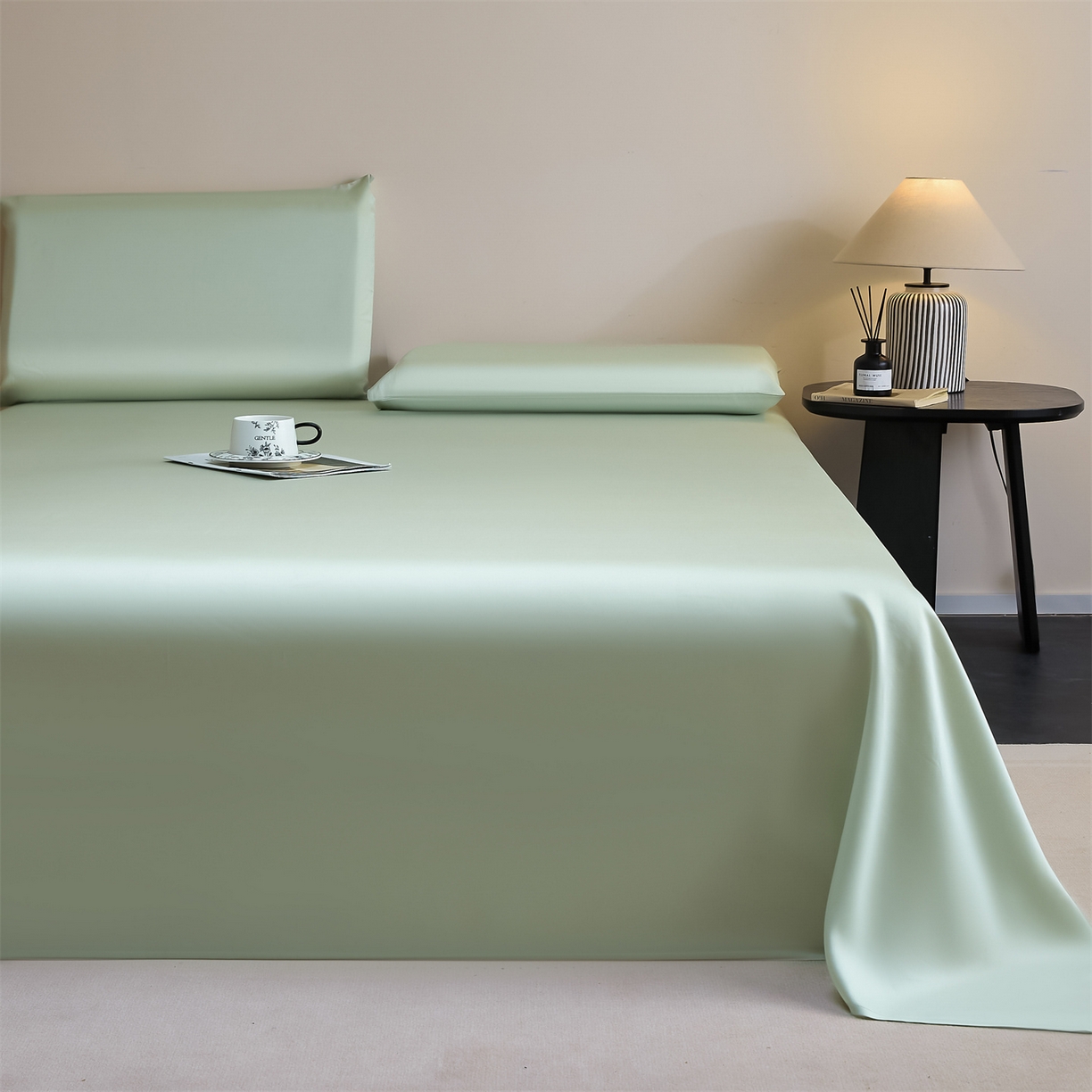 91家纺网 家纺一手货源 找家纺 DC 2026新款莱赛尔天丝纯色单品床单 亚丁绿