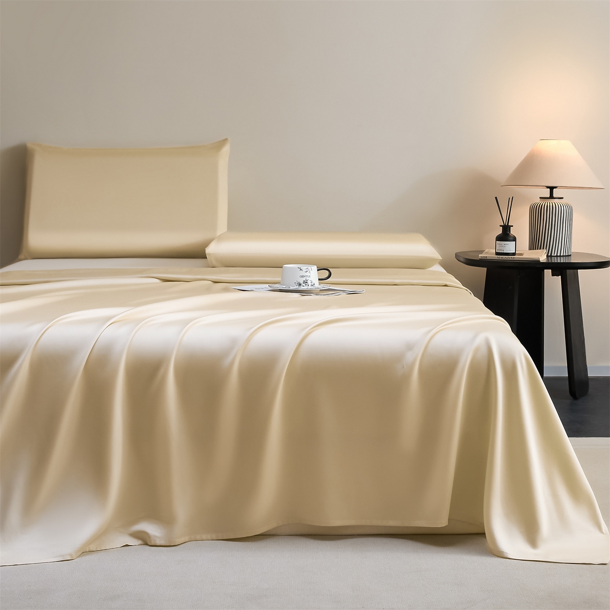 91家纺网 家纺一手货源 找家纺 DC 2026新款莱赛尔天丝纯色单品床单 卡其