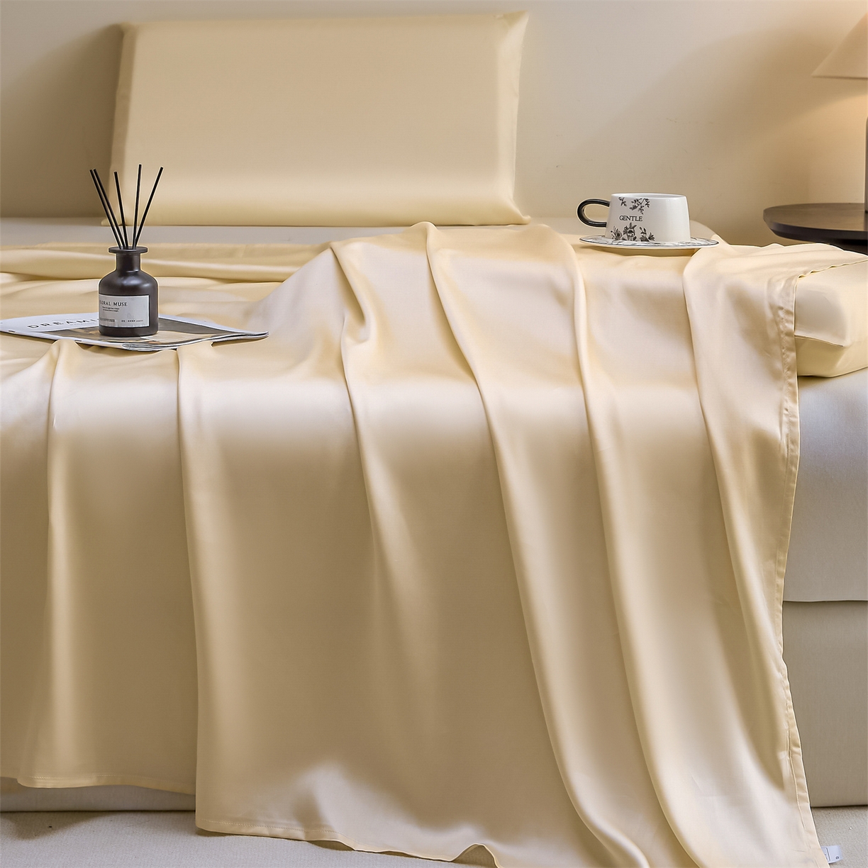 91家纺网 家纺一手货源 找家纺 DC 2026新款莱赛尔天丝纯色单品床单 杏白