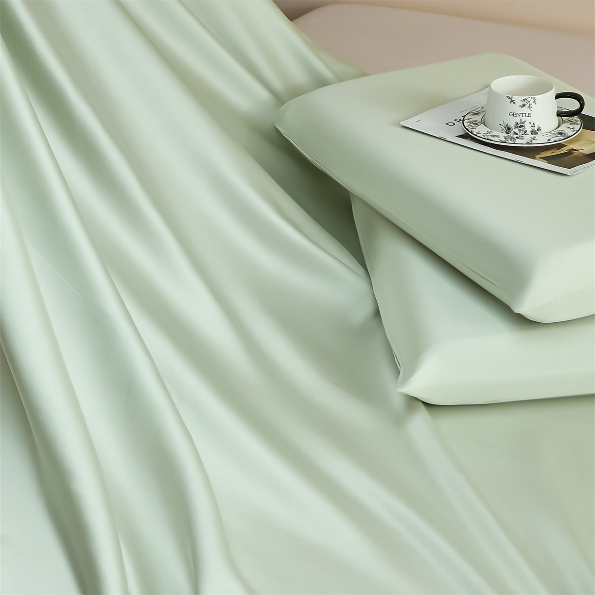 91家纺网 家纺一手货源 找家纺 DC 2026新款莱赛尔天丝纯色单品床单 亚丁绿