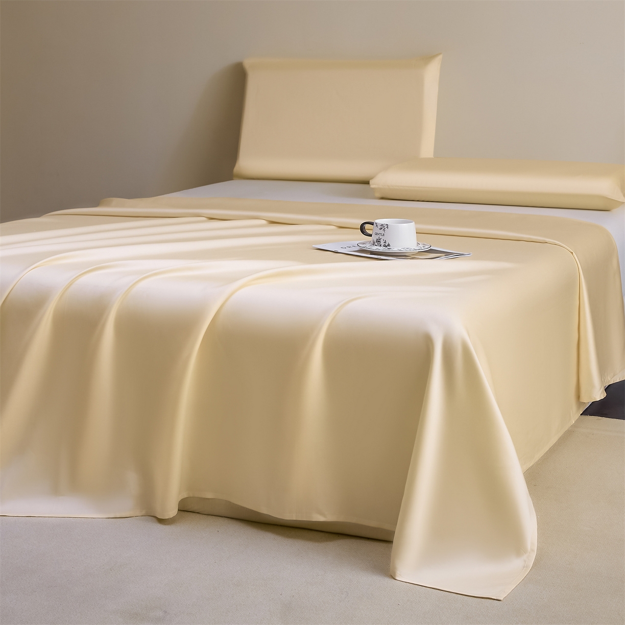 91家纺网 家纺一手货源 找家纺 DC 2026新款莱赛尔天丝纯色单品床单 杏白