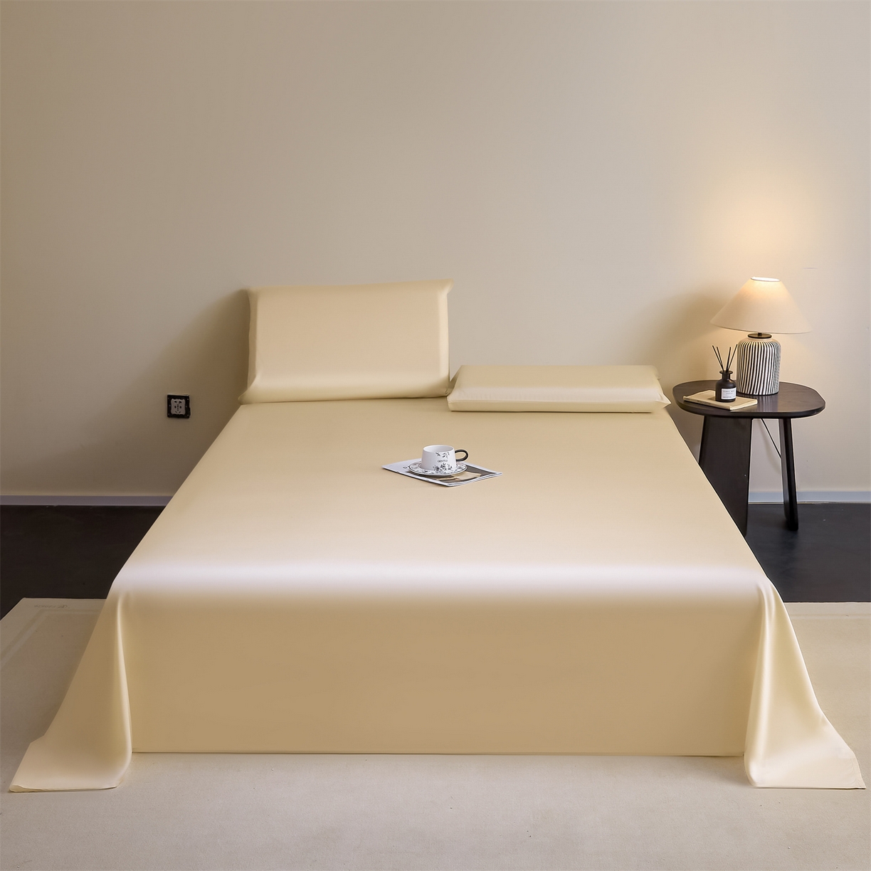 91家纺网 家纺一手货源 找家纺 DC 2026新款莱赛尔天丝纯色单品床单 杏白