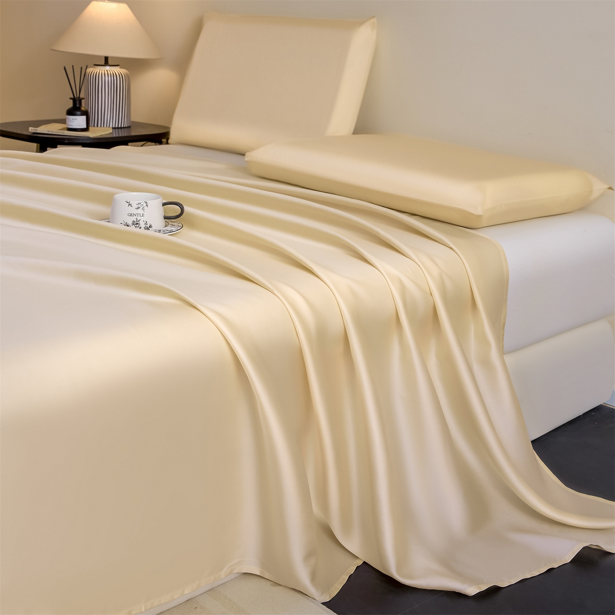 91家纺网 家纺一手货源 找家纺 DC 2026新款莱赛尔天丝纯色单品床单 杏白