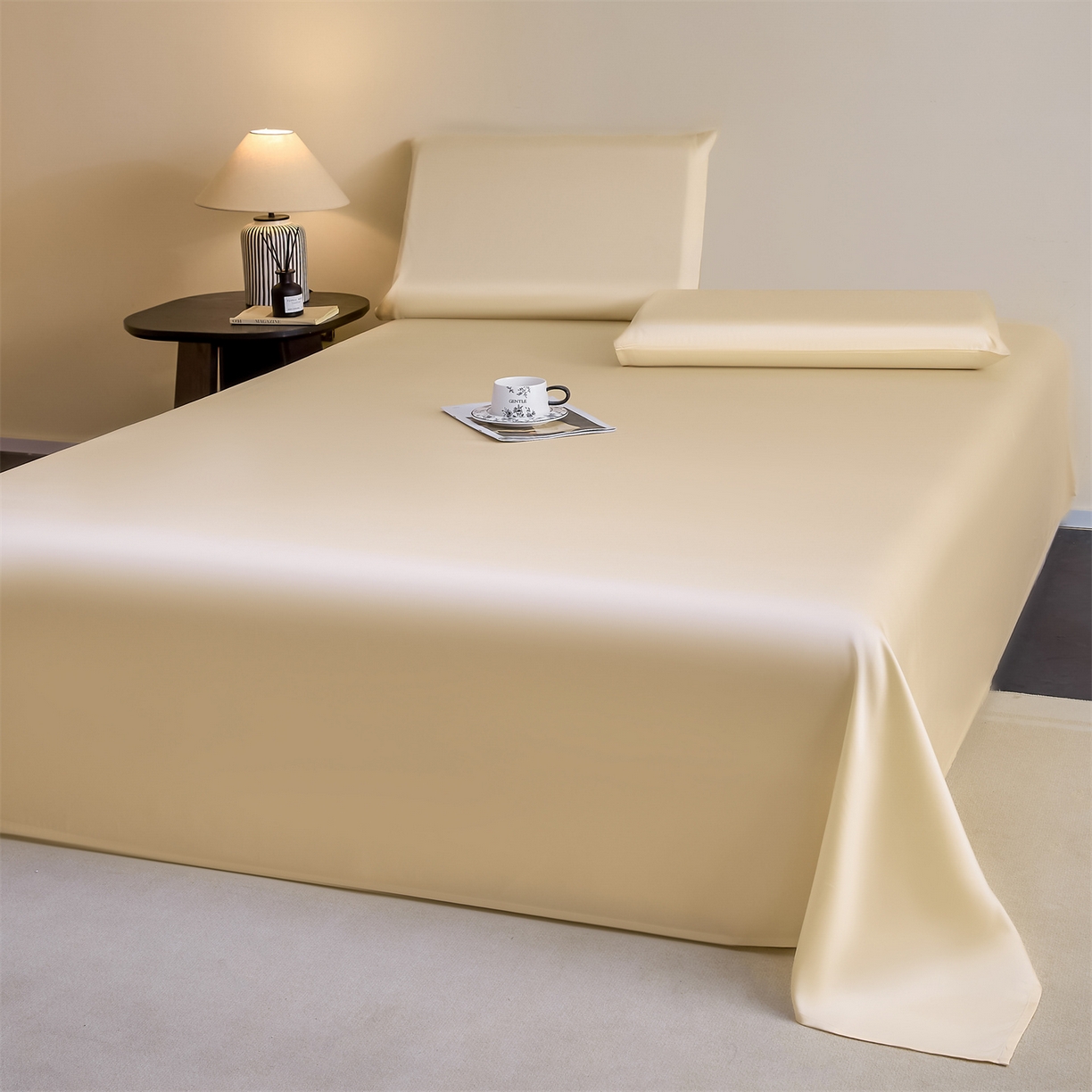 91家纺网 家纺一手货源 找家纺 DC 2026新款莱赛尔天丝纯色单品床单 杏白