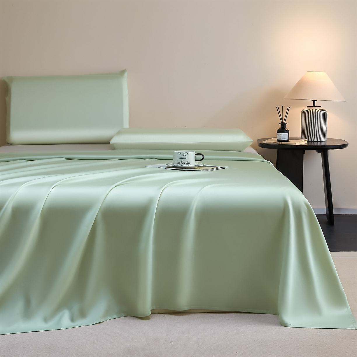 91家纺网 家纺一手货源 找家纺 DC 2026新款莱赛尔天丝纯色单品床单 亚丁绿