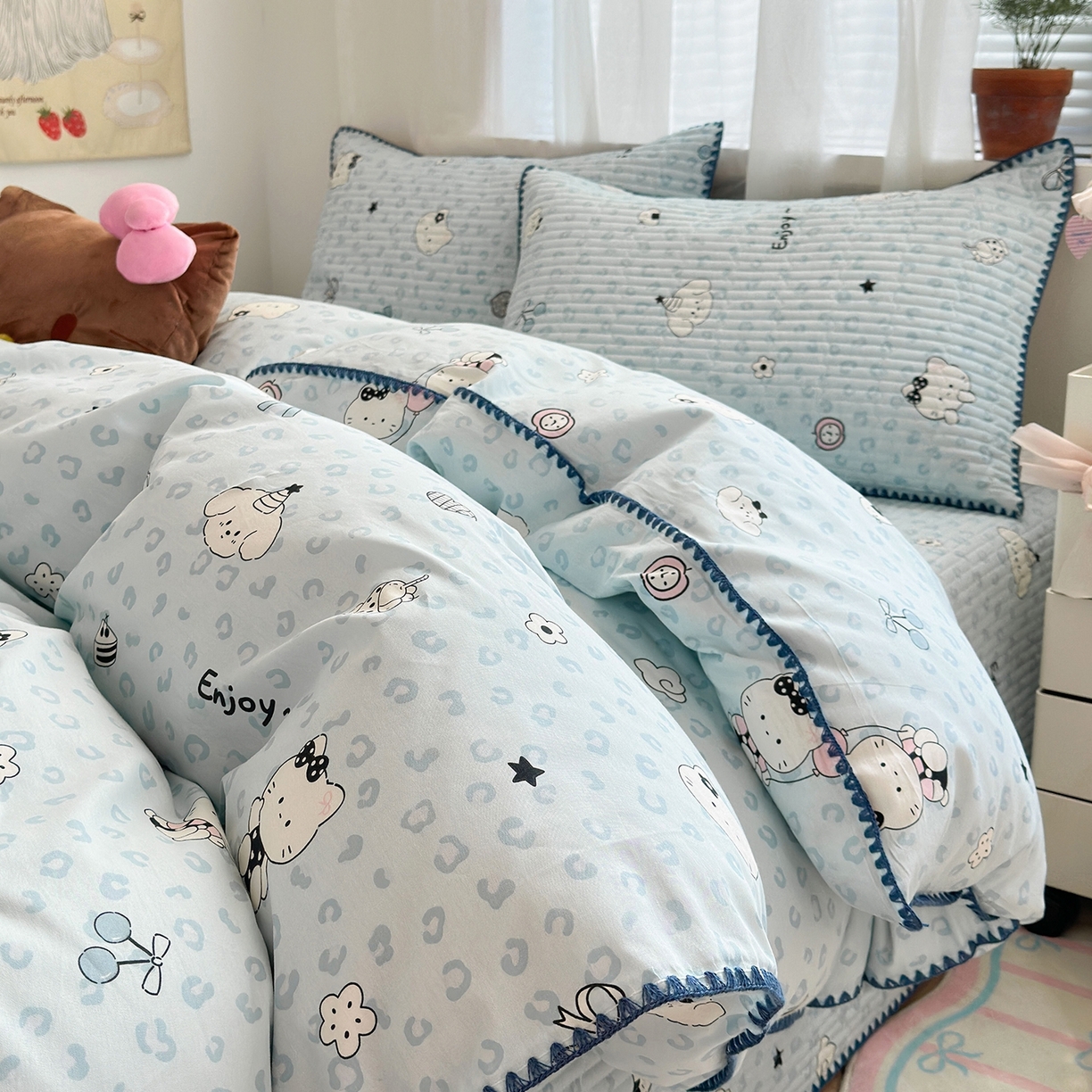 妮可 2026新款贝壳边双面全棉床盖四件套 豹纹猫咪