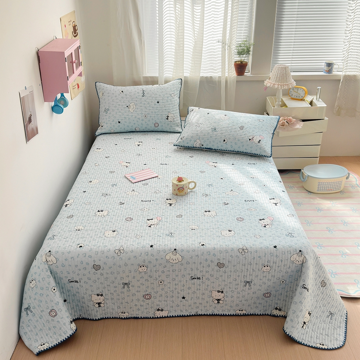 91家纺网 家纺一手货源 找家纺 妮可 2026新款贝壳边双面全棉床盖四件套 豹纹猫咪