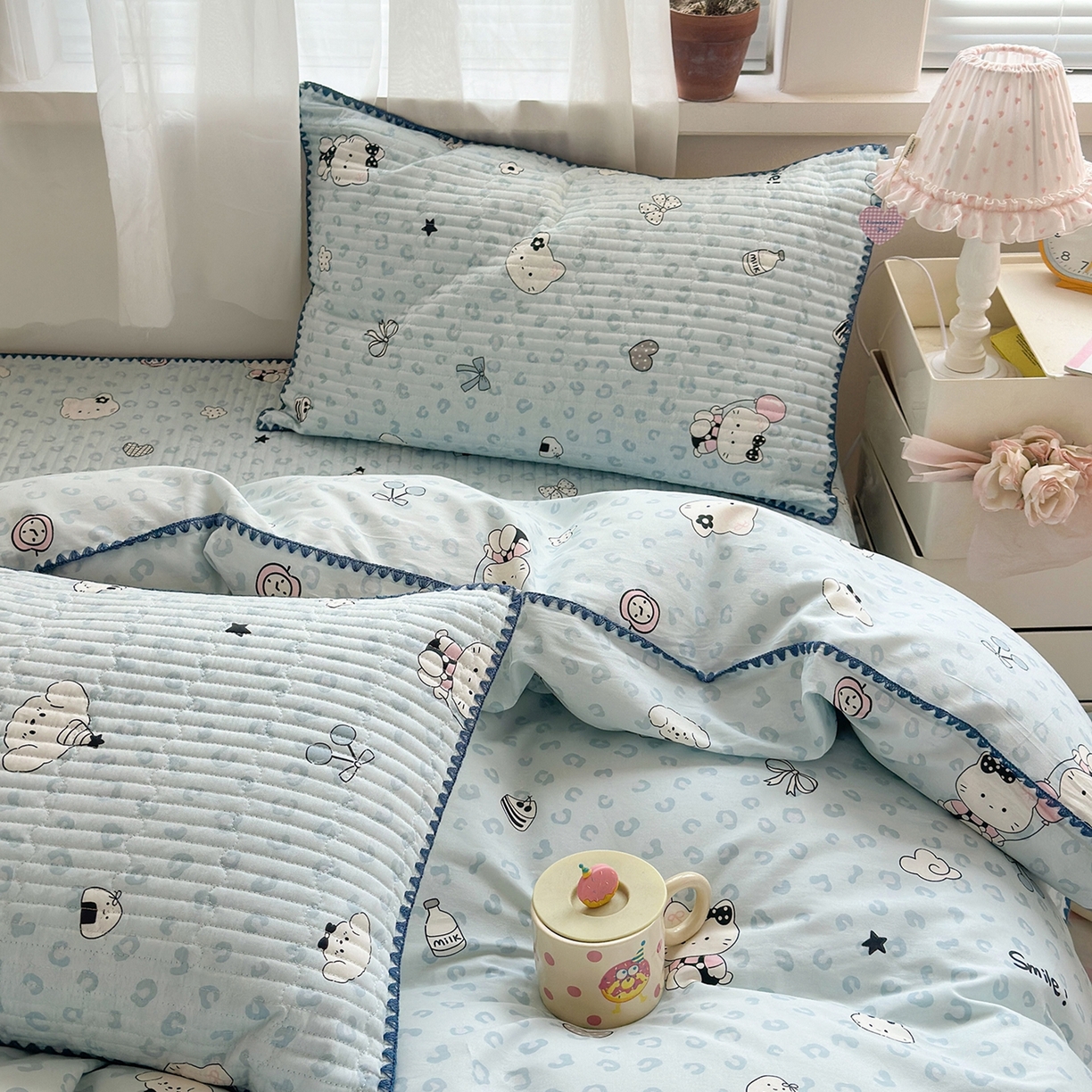 91家纺网 家纺一手货源 找家纺 妮可 2026新款贝壳边双面全棉床盖四件套 豹纹猫咪