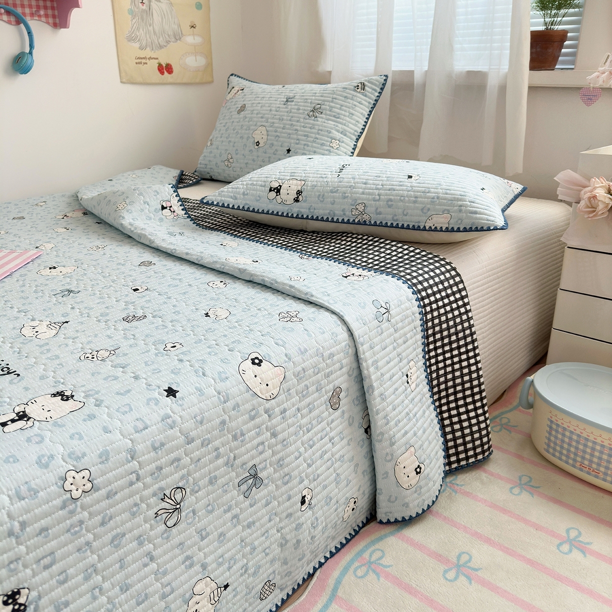 91家纺网 家纺一手货源 找家纺 妮可 2026新款贝壳边双面全棉床盖四件套 豹纹猫咪